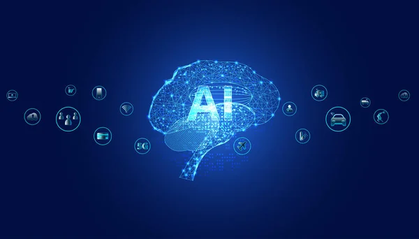在蓝色背景和未来派图标的基础上 利用与人工智能控制相连的Ai芯片颅脑神经进行脑数字化人工智能 — 图库矢量图片