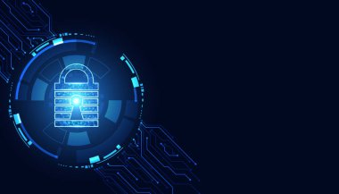 Modern mavi arka planda soyut asma kilit dijital devre kartı konsepti siber hırsızlığı koruma siber güvenliği