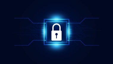 Modern mavi arka planda soyut asma kilit dijital devre kartı konsepti siber hırsızlığı koruma siber güvenliği