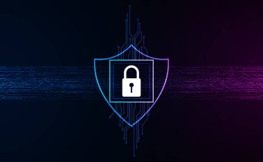 Modern mavi-mor arka planda soyut asma kilit dijital devre kartı konsepti siber hırsızlığı koruma siber güvenliği