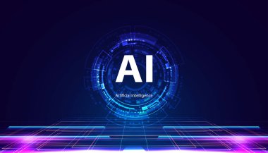 Bilgisayar Sistemleri açık mavi ile AI renkli ve neon açık mor ve mavi dalga dairesel dijital ve Teknoloji Arkaplanı. Güzel parlak ışık fütüristik