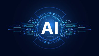 Abstract technology Ai computing chipset on circuit board concept working data of Artificial intelligence and futuristic digital for future on dark blue background.	