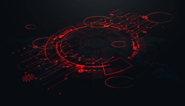 Kırmızı ve siyah olarak soyut dijital teknoloji arka planı, karmaşık devre modelleri ve geleceksel tasarım elementleri sergiliyor.