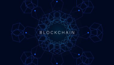 Birbirine bağlı geometrik şekiller ve veri bütünlüğü ve güvenliği gösteren düğümler içeren engelleme zinciri teknolojisinin soyut dijital temsili.