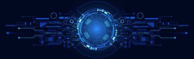 Parlayan dairesel bir elementin parlak mavi tonlarda karmaşık dijital şekillerle çevrili fütüristik soyut arkaplan.