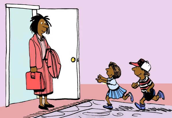 非洲裔美国母亲下班回家时受到孩子们的欢迎 — 图库照片
