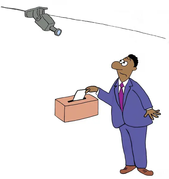 A black employee is watched by a camera as he puts a suggestion into a suggestion box.