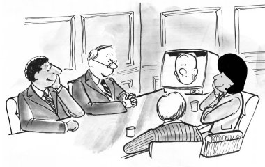 Siyah ve beyaz takım üyeleriyle toplantı. Video monitöründe başaşağı gülmemek için uğraşıyorlar..