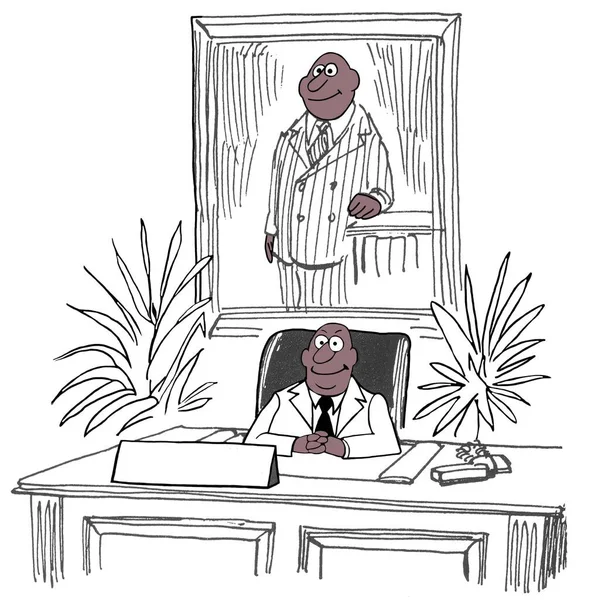 Smiling Black Executive Has Large Portrait Himself Hanging His Desk — Stock Photo, Image