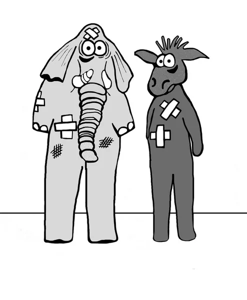 An elephant and a donkey are covered with wounds from fight