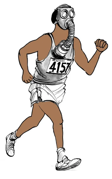 Afroamerikanischer Läufer Läuft Draußen Schmutziger Luft Also Muss Eine Gasmaske — Stockfoto
