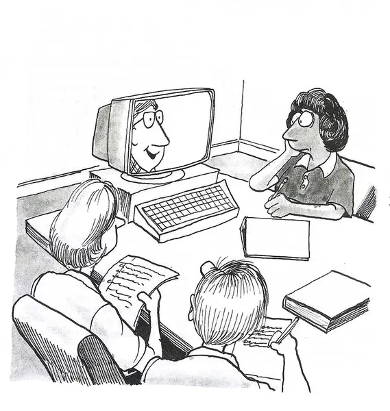 B&W illustration showing a team meeting with one person on a video screen, featuring an African American businesswoman looking at the video speaker.