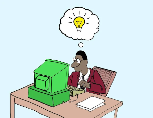 Color illustration of an African American executive working at his computer who has a new idea.