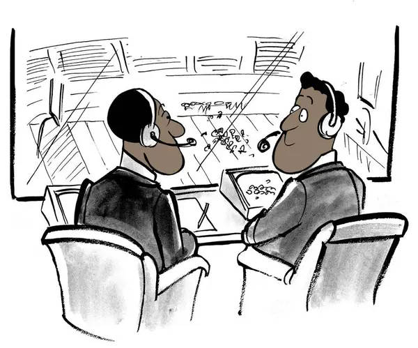 Color Illustration Two Profesisonal Black Sportscasters Looking Each Other Call — Stock Photo, Image