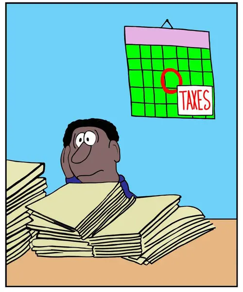 Цветная Иллюстрация Афроамериканца Большим Количеством Бумаг Налогов Озадачен Обеспокоен — стоковое фото