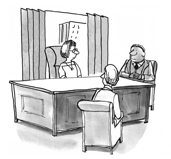 Черно-белая иллюстрация встречи трех людей разных рас. Есть женщина-босс, которая ведет встречу с двумя членами команды, оба мужчины.