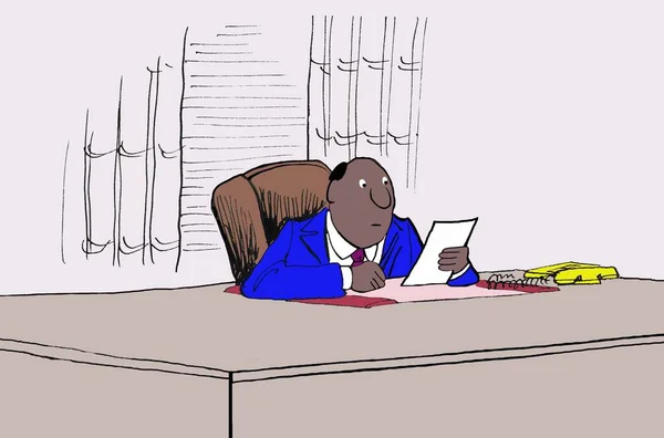 一位德高望重的非洲裔美国高管坐在办公桌前看备忘录的彩色插图 — 图库照片