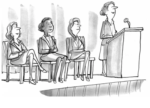 Ilustración Mostrando Mujeres Blancas Negras Sentadas Escenario Punto Participar Panel — Foto de Stock
