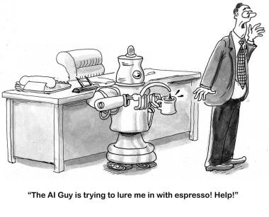 Bir yapay zeka robotunun B & W illüstrasyonu, yöneticinin espresso servis ederek becerilerini kullanmasını sağlamaya çalışıyor.