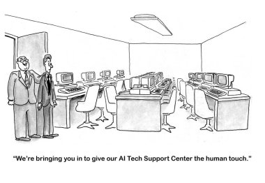 B & W çizgi filmi bir patronun boş Yapay Zeka Teknolojisi Destek Merkezi 'ne yeni bir insan yöneticisi getirmesi.