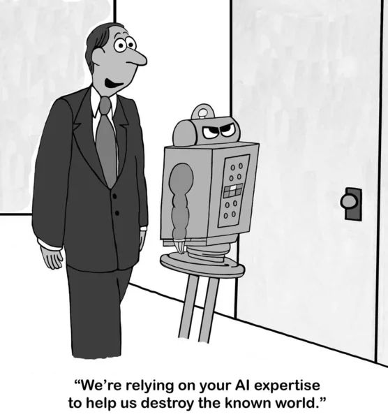 Иллюстрация Человека Разговаривающего Роботом Заявляющего Искусственный Интеллект Уничтожит Известный Мир — стоковое фото