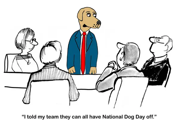 B&W illustration of a professional dog leader telling his boss that he told his team they can have National Dog Day off.