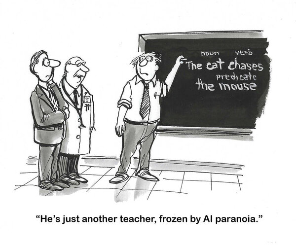 B&W cartoon of a doctor clarifying that the fronzen English teacher is worried that AI will take his job.