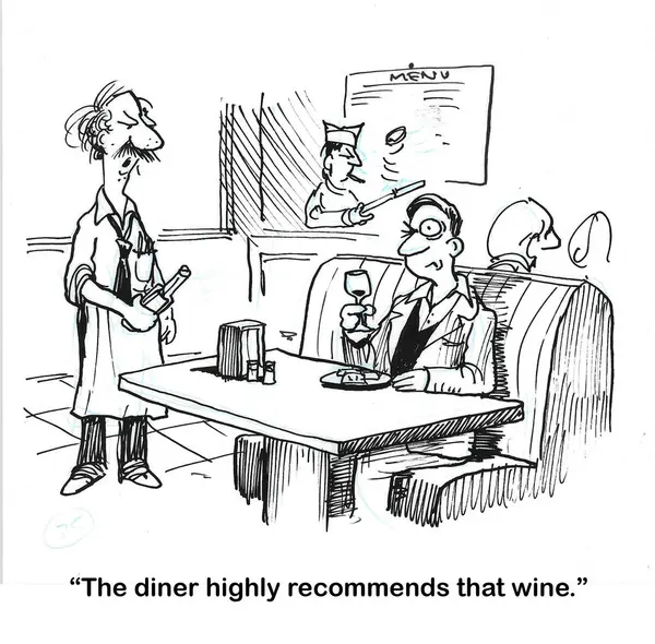 卡通片 一位服务员在餐厅里向一位男性顾客推荐一种费用不高 味道差的葡萄酒 — 图库照片