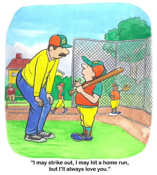 逆転した家族の役割のカラー漫画 息子は ソフトボールでうまくいかなかった場合でも 父親に 私はいつもあなたを愛する と言います — ストック写真