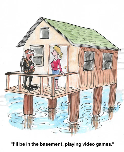 Color cartoon of a male scuba diver telling his wife he will go play video games in the water.