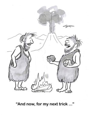 İki erkek mağara adamının W karikatürü, biri nasıl ateş yakılacağını keşfetti ve şimdi bir numarası var..