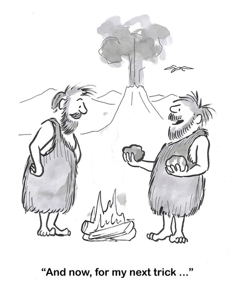 &W cartoon of two male cavemen, one just discovered how to create fire and now he has a \'next trick\'.
