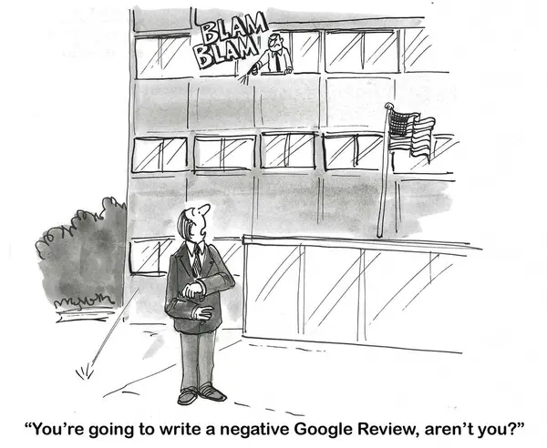Karikatura Rozrušeného Obchodníka Prodavač Kterého Naštvaný Říká Napíšeš Negativní Recenzi — Stock fotografie