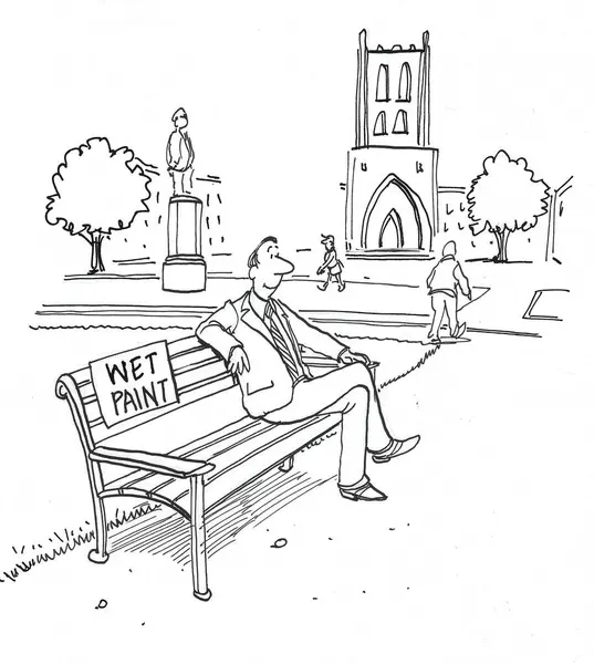 BW cartoon of a male professor, sitting on campus bench, that has wet paint on it.  He is oblivious to this fact.
