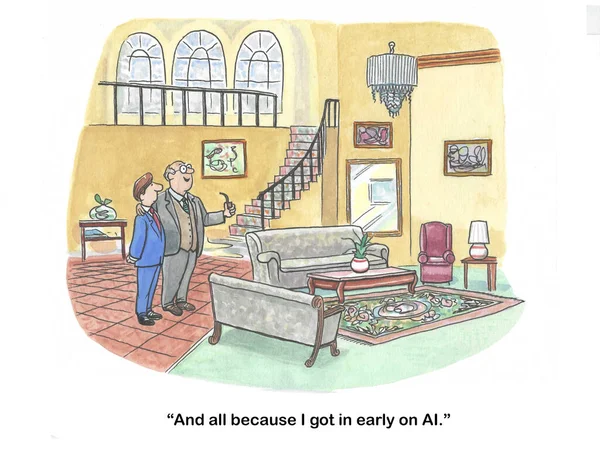 Color cartoon of a wealthy man who states he is wealthy because he got in early on AI.