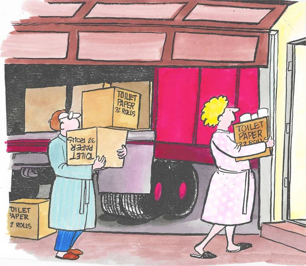 Color cartoon of a married couple stocking up on lots of toilet paper.