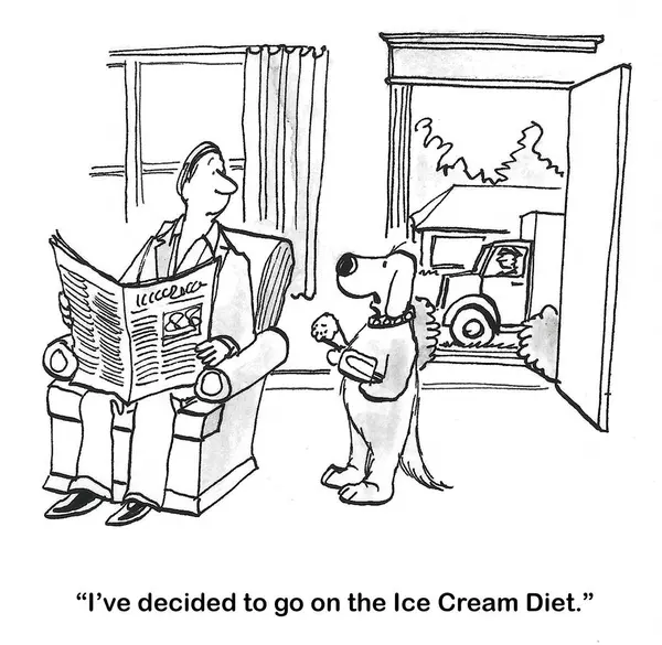 犬がポップスルとアイスクリームコーンを保持しているので 飼い主にアイスクリームダイエットに行くことを決定した家族の犬のBw漫画 — ストック写真