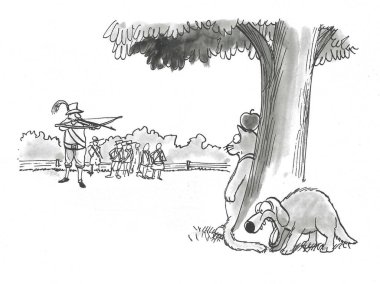 Kafasında elma olan bir kedinin çizgi filmi gibi. Bir okçu elmayı zıpkınlamaya hazırlanırken aynı zamanda bir köpek de kedinin kuyruğunu ısıracak..