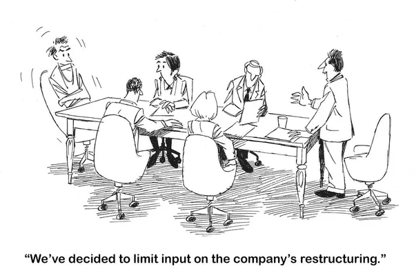 Erkek müdürün bağlanmış ve ağzı tıkanmış bir karikatürü, Comopany 'nin yeniden yapılandırılmasıyla ilgili bilgi vermeye çalıştı. Şirket giriş yapmak istemiyor..