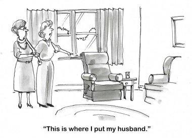 İki orta yaşlı kadının konuştuğu bir çizgi film. Bir tanesi bir sandalyeyi işaret ediyor ve diyor ki: 