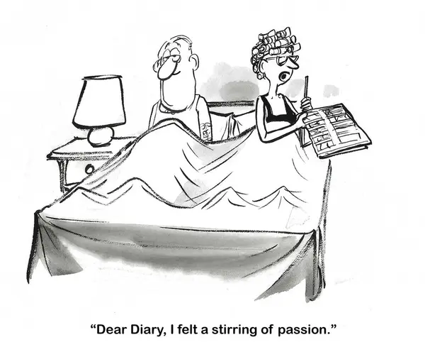 ベッドで長年結婚したカップルのBw漫画 妻は彼女の日記に書いています 彼女は情熱の完全な感じた — ストック写真