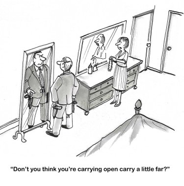 Bir kocanın belinde iki silah taşıdığı karikatür. Karısı, 