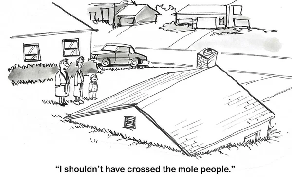 Cartoon House Sunk Ground Father Says Should Have Crossed Mole — Stock Photo, Image