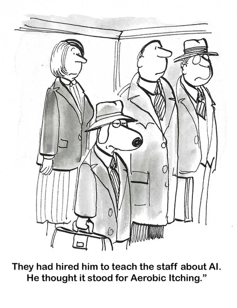 Yapay Zeka 'nın çalışanlarını eğitmeye giden asansördeki bir iş köpeğinin çizgi filmi. Aerobik kaşıntı anlamına geldiğini düşünüyor..