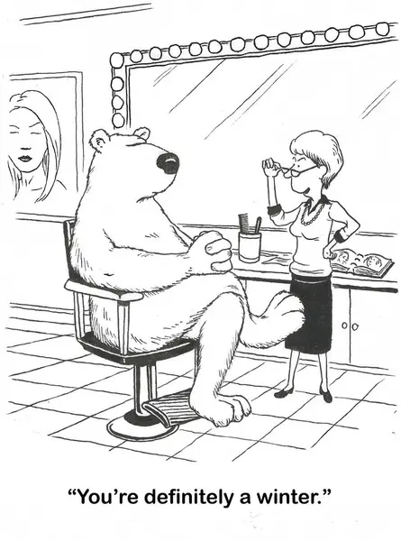 Kreskówka Kobieta Estetyk Mówiąc Jej Klient Niedźwiedź Polarny Jest Zima — Zdjęcie stockowe