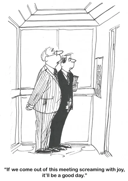 エレベーターで2人のプロの男のBw漫画 一つは 彼らが 喜びで叫ぶ 会議から出てくるとき それは良い日になると言っていることです — ストック写真
