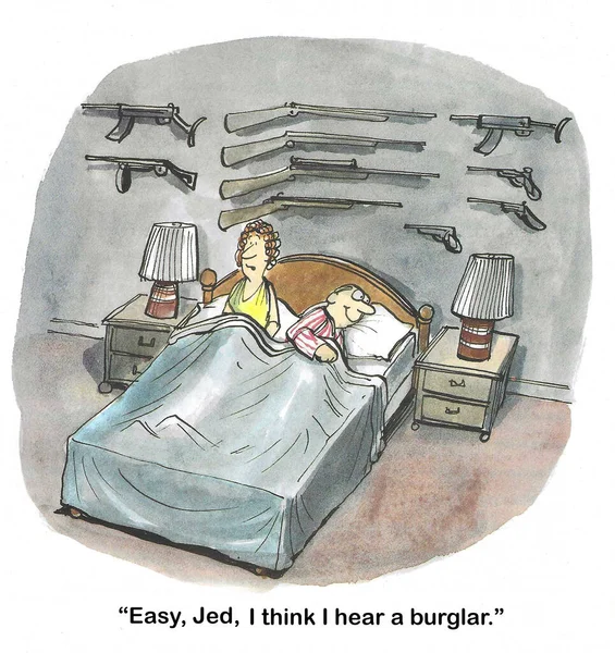 Gece Geç Saatte Yatakta Bir Çiftin Renkli Karikatürü Koca Silahlarını — Stok fotoğraf