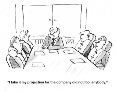 Toplantıda 4 profesyonelin olduğu bir çizgi film ve hepsi can yeleği giyiyor. Patron, dördüne, projeksiyonunun onları yanıltmadığını söylüyor..