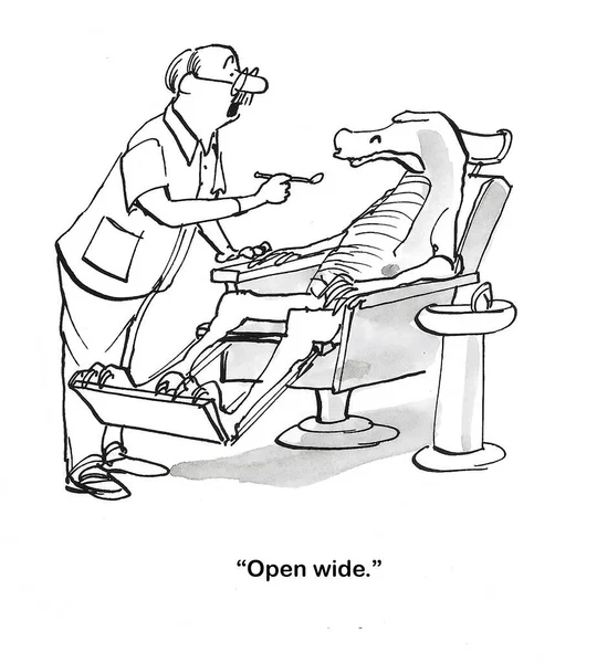Karikatur Eines Männlichen Zahnarztes Der Den Zähnen Eines Alligators Arbeiten Stockfoto