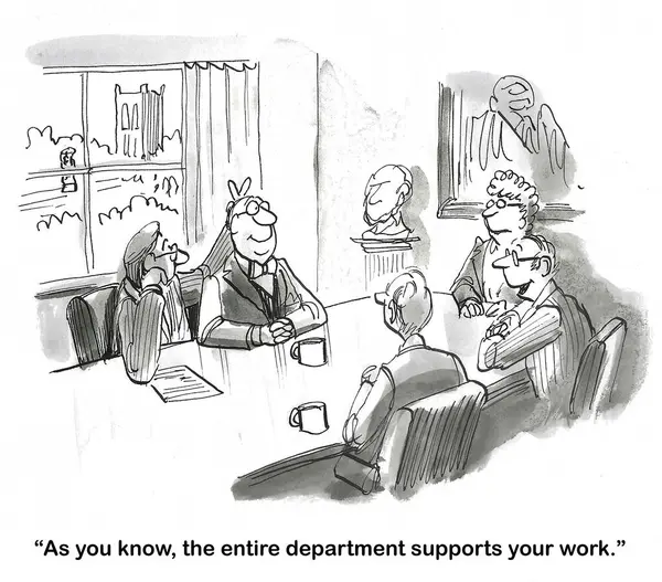 Bw卡通片的会议 一位老板对一位经理说 经理是支持你的 但他说的不是真话 — 图库照片